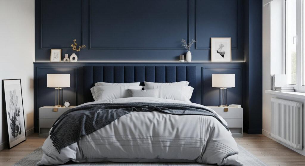 Navy Accent Wall with Soft Gray Bedding
