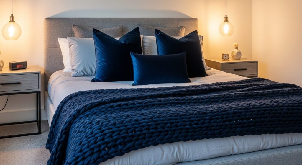 Gray Upholstered Bed with Navy Throw Pillows