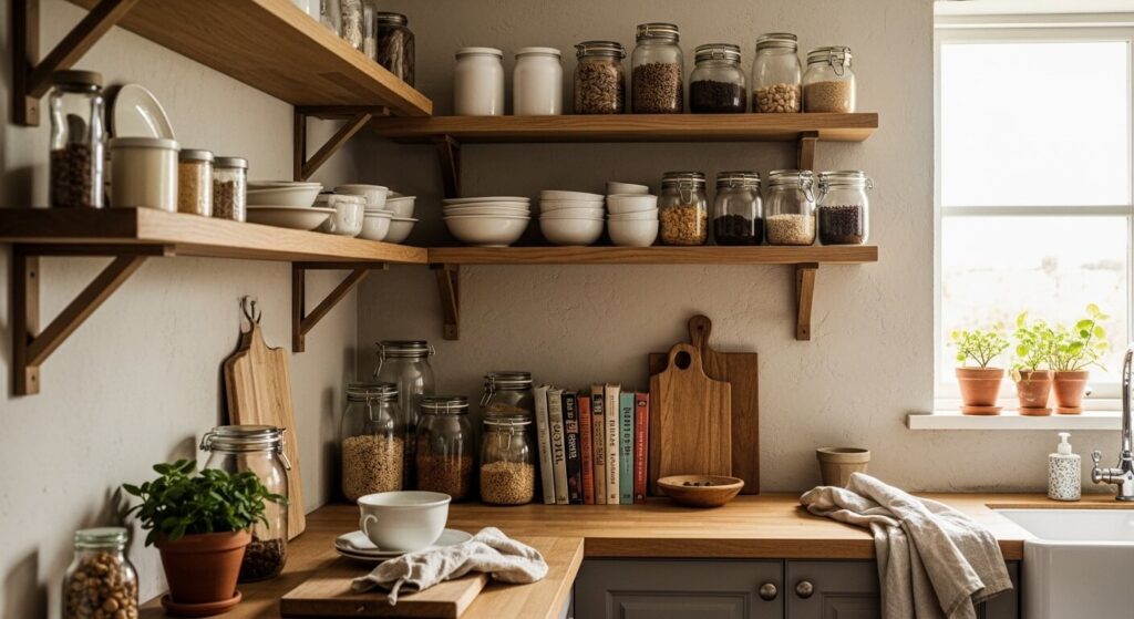 Open Shelving with Natural Wood