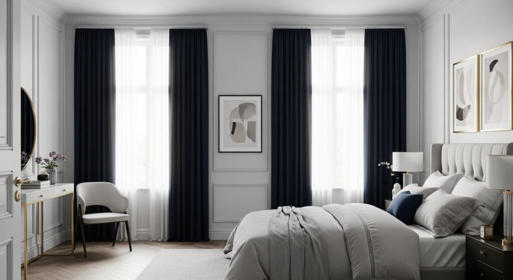 Gray Walls and Navy Curtains