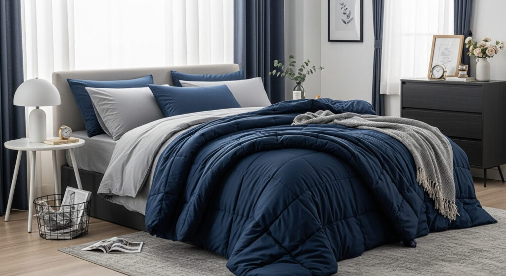 Mix Cool Grays with Deep Navy Bedding