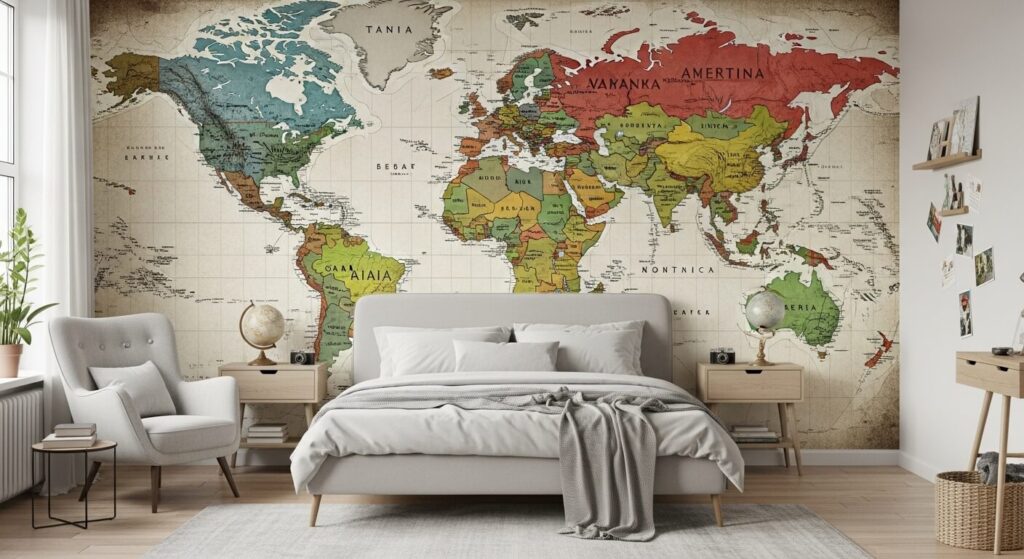 World Map Wallpaper Accent Wall