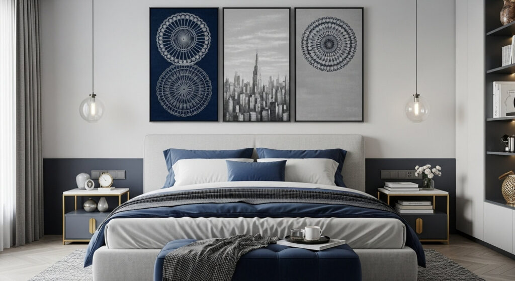 Navy and Gray Artwork Above the Bed
