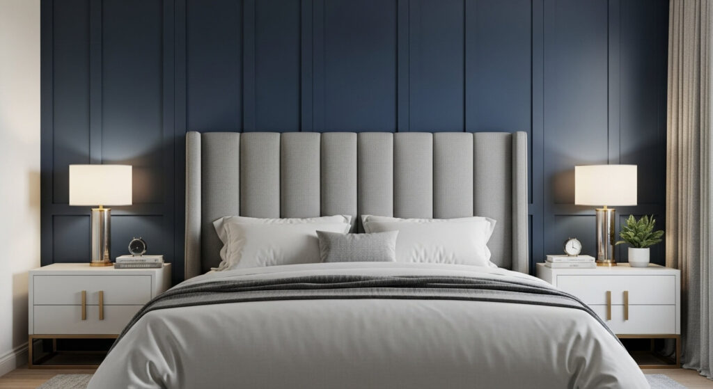 Gray Headboard with Navy Wall Panels