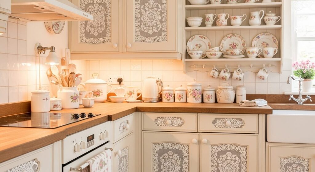 Glass-Front Cabinets with Lace Insets