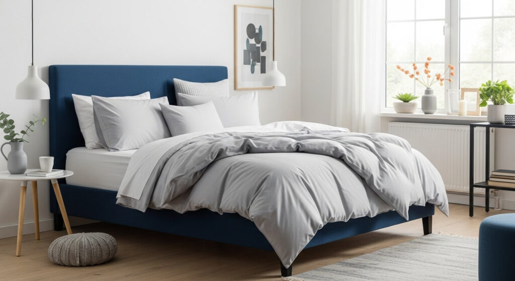Navy Bed Frame with Gray Bedding