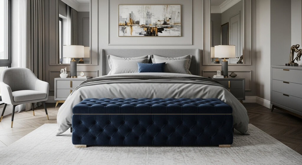 Navy Bench or Ottoman at the Foot of the Bed