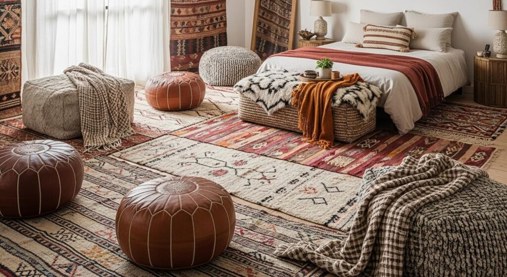 Layered Rugs and Floor Cushions
