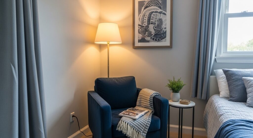 Navy Accent Chair in a Gray Corner