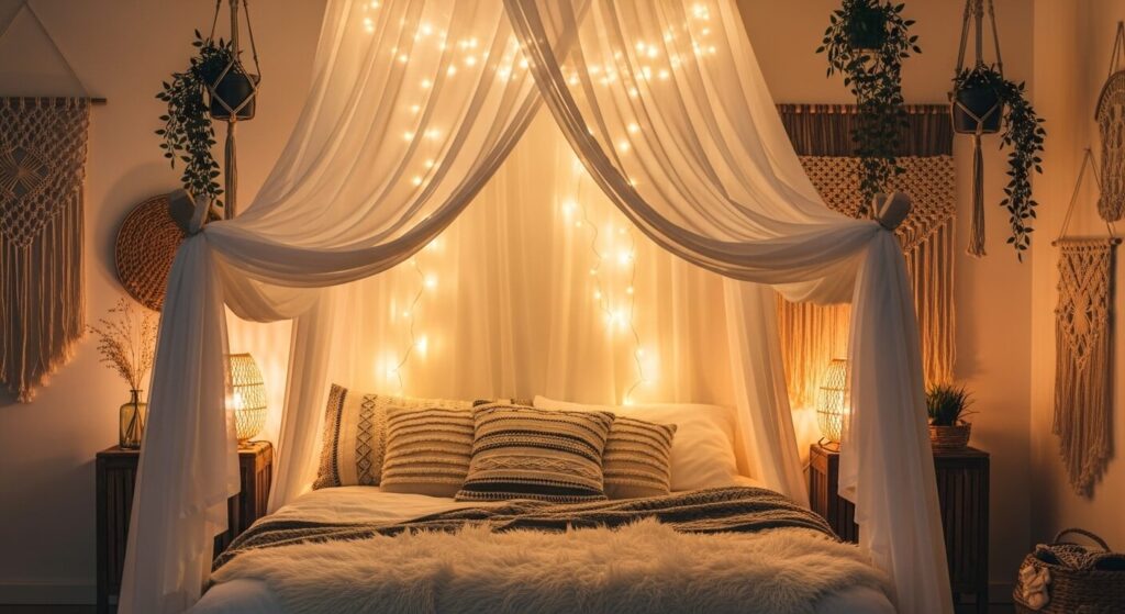 Boho Canopy Bed with Twinkle Lights
