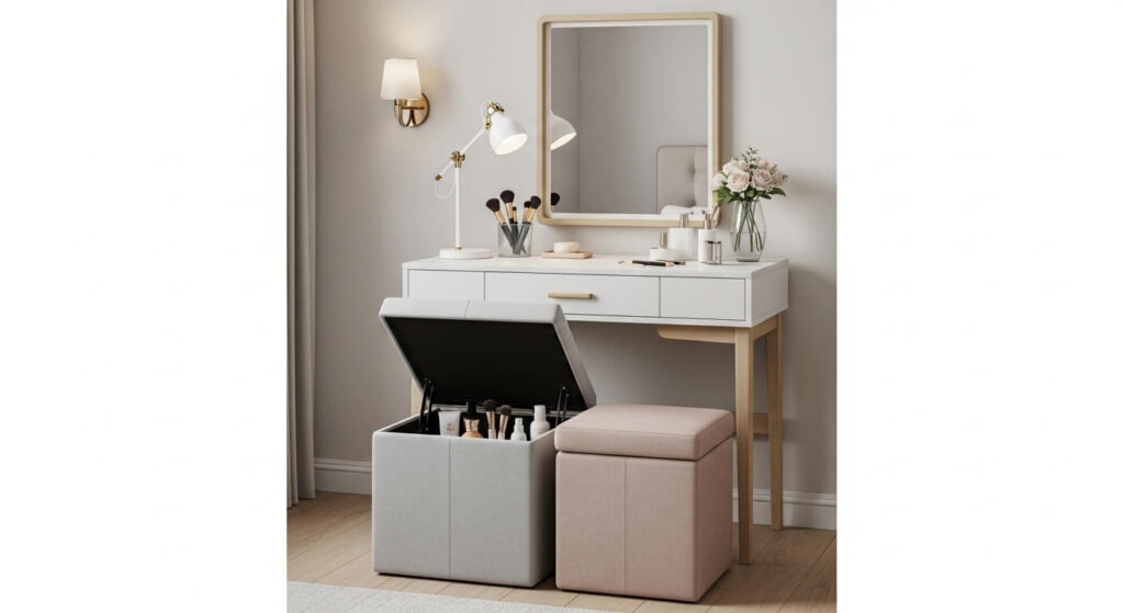 Compact Vanity with Storage Ottoman