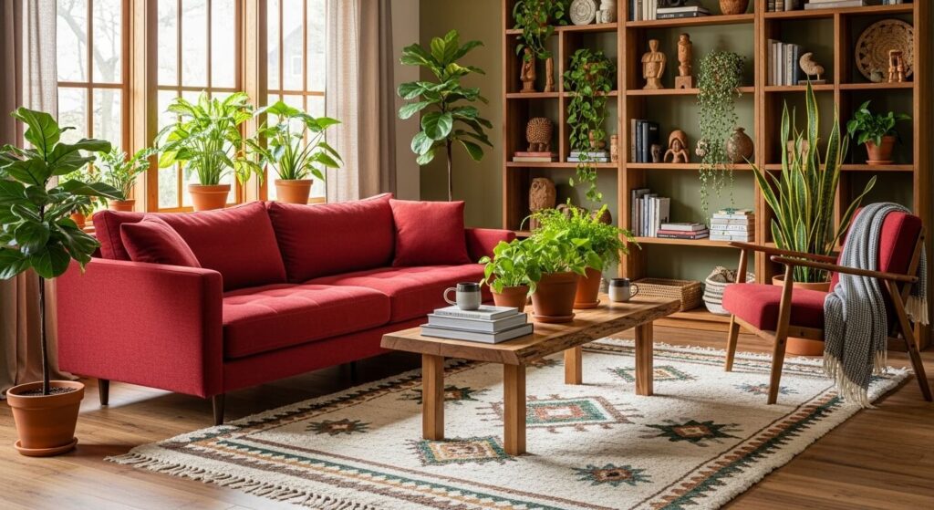 Red + Natural Wood & Greenery