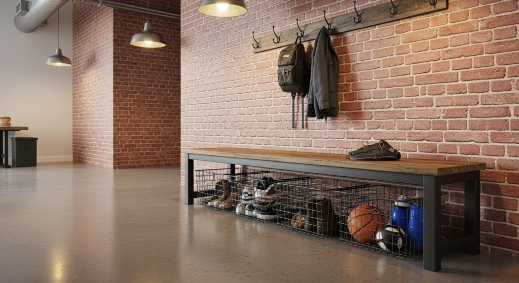 Industrial Bench with Wire Baskets