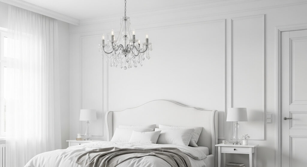 White Bedroom with Crystal Chandelier