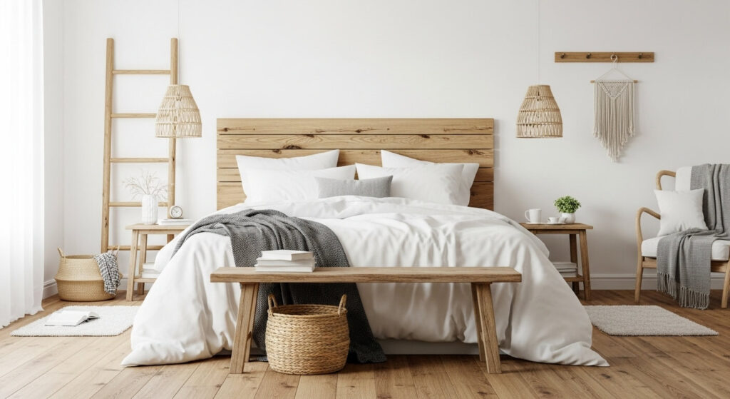 White Bedroom with Natural Wood Accents