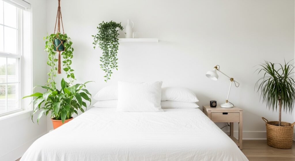 White Bedroom with Green Plants