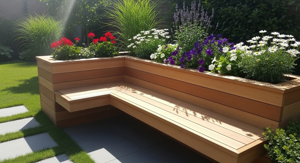 Built-In Wooden Bench with Planters