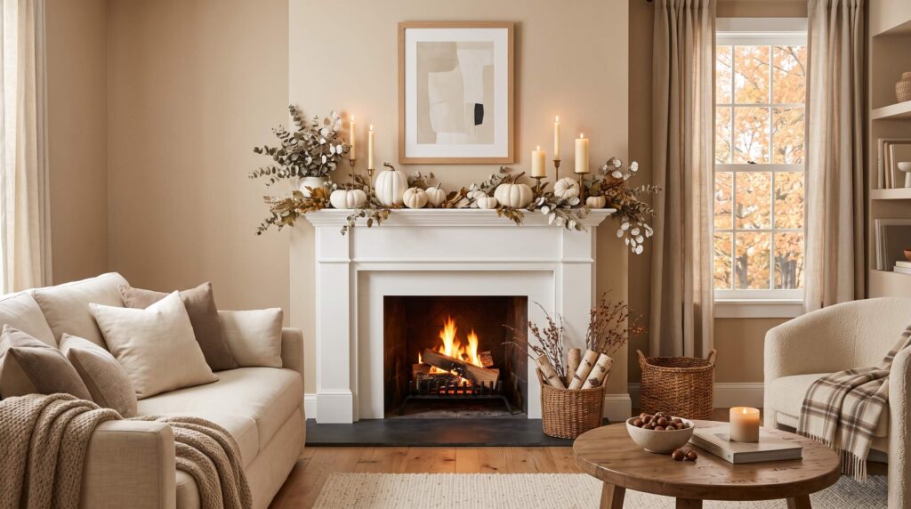 Display White Pumpkins on a Mantel